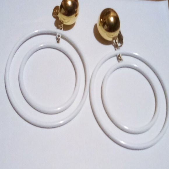 Vintage Monet White Hoop and Gold Tone Clip Earrings - Picture 2 of 3
